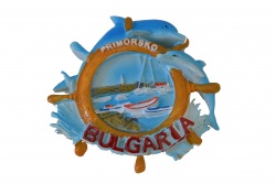сувенир, магнит от полеризин, рул с два делфина Primorsko, Bulgaria 8х7 см. (12 бр. в кутия)