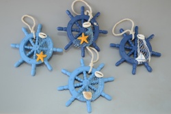 дървен сувенир, котва- закачалка, двустранна 32х39 см. светло синя 3 морски звезди, морски дизайн (5 бр. в кутия)