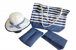 ПЛАЖНА чанта, плетени дръжки, синьо/бяло райе и морски обитатели 50х36х14 см. (Промоция- при покупка над 10 бр. базова цена 7,00 лв.)