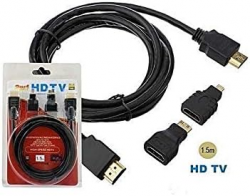 ТВ. аксесоар, кабел HDMI 1,50 м. с 2 преходника- мини HD, микро HD (Промоция- при покупка над 6 бр. базова цена 3,80 лв.)
