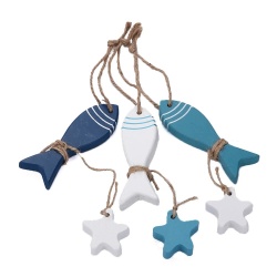 дървен сувенир, вятърен чан, рибка и морска звезда 32 х4 см. морски дизайн (3 разцветки)(36 бр. в кутия)