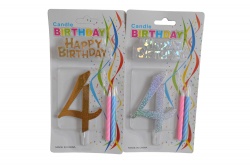 свещ за рожден ден, златиста, голяма цифра, надпис Happy Birthday 2 малки свещи 4 (12 бр. в стек)(R1)