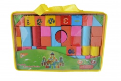 дървена играчка в P.V.C. чанта, цветни, градивни блокове с номера и букви 52 елемента 28х18х5 см. 93-228