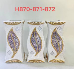 ваза, керамична, бяла с листо и цветен, брокатен мотив 20 см. 870-872