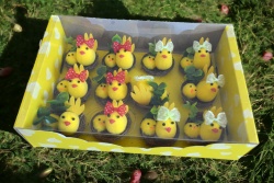 великденски сувенир, кутия с 6 бр. пилета, хубави в цвете и цветя 7 см. яйце 15х25 см. кутия