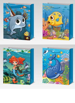 подаръчна торбичка 3D детски, морски дизайн 23х18х10 см. (12 бр. в стек, микс 4 модела)