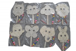 дървена играчка, фигурка за оцветяване 34х13 см. животни маска на клечка с боички (12 модела)(12 бр. в стек)