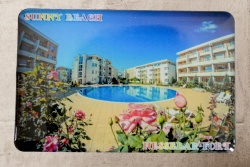 дървен сувенир, табелка с рак, катерещ по нея и надпис Sunny beach 30,5x10 см. морски дизайн (6 бр. в кутия)