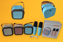 караоке колона Bluetooth с 2 микрофона 9х7х 9 см. 2 цвята K22