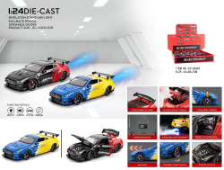 метален автомобил 1/24 отваря 3 врати, двуцветен, музикален, NISSAN GTR  (8 бр. в кутия)